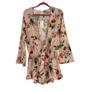 Agua Bendita X Revolve Size M Larissa Floral Romper Pistachio Satin Pink NWT